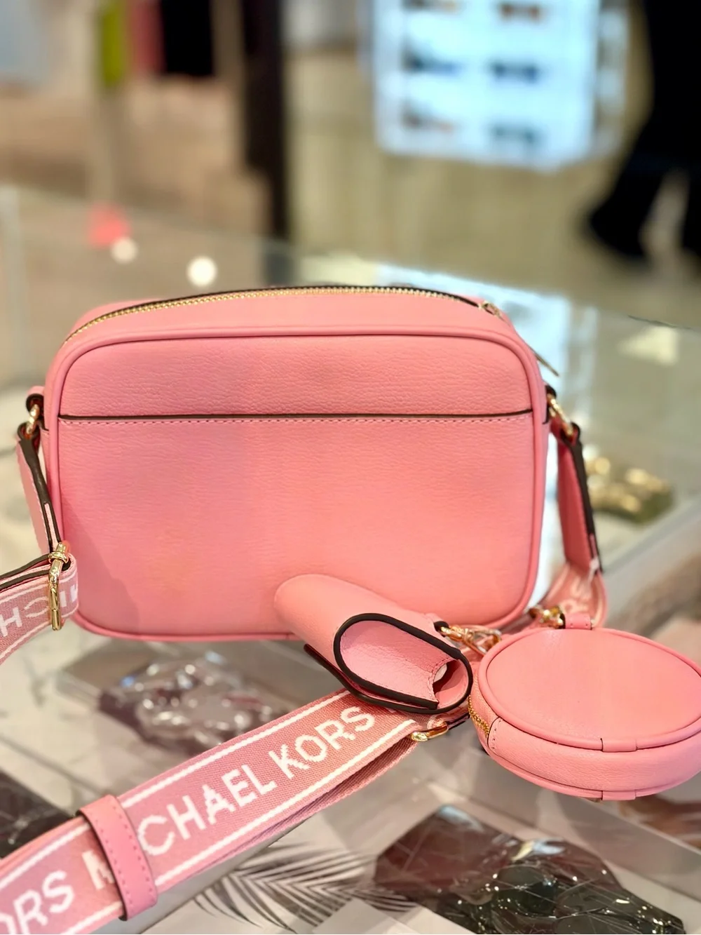 Michael Kors Pink Leather Crossbody Bag with Coin Case and Snap Pouch Carnation